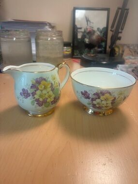 Vintage Floral Creamer and Sugar Bowl - Yellow & Purple Flowers